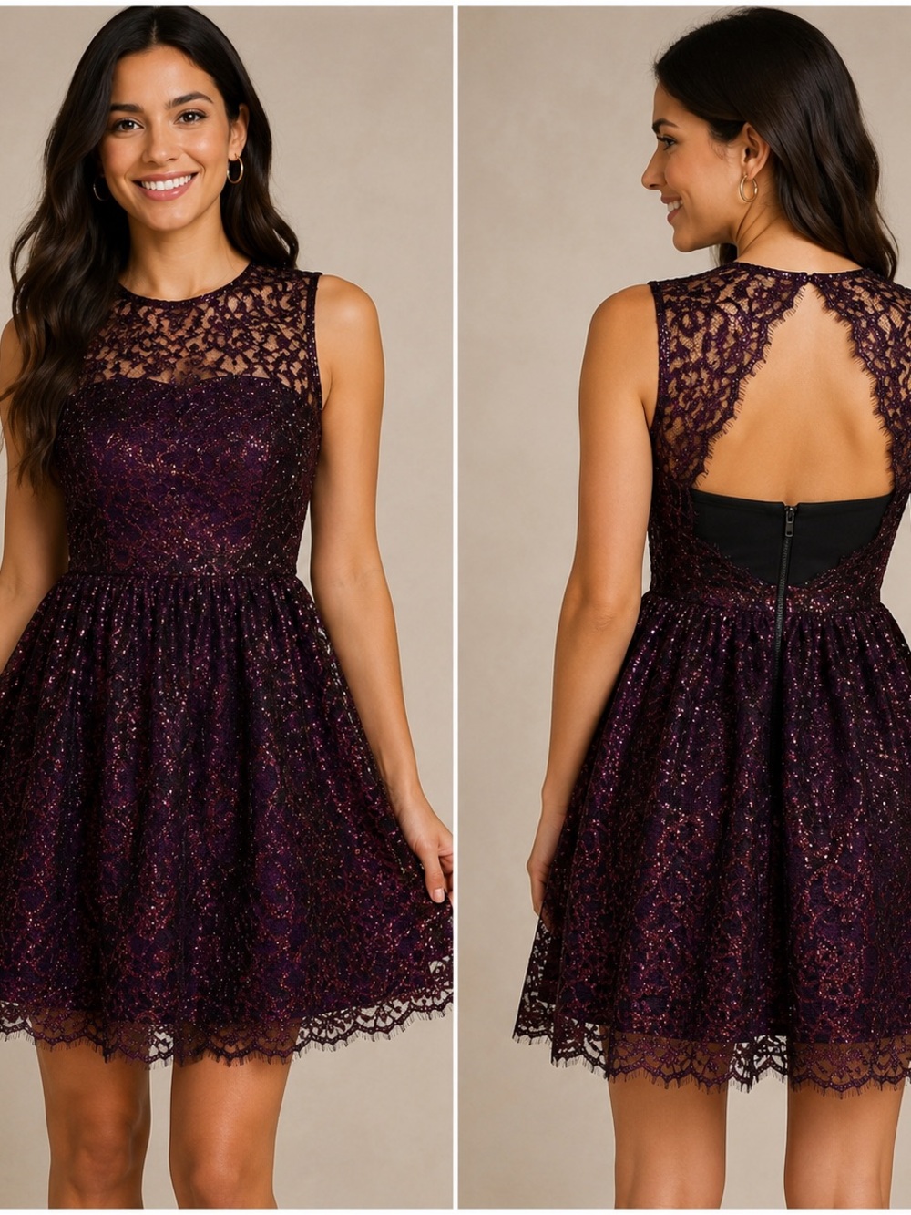 Alice + Olivia Ophelia Purple Metallic Lace Open Back Cocktail Dress Sz 0